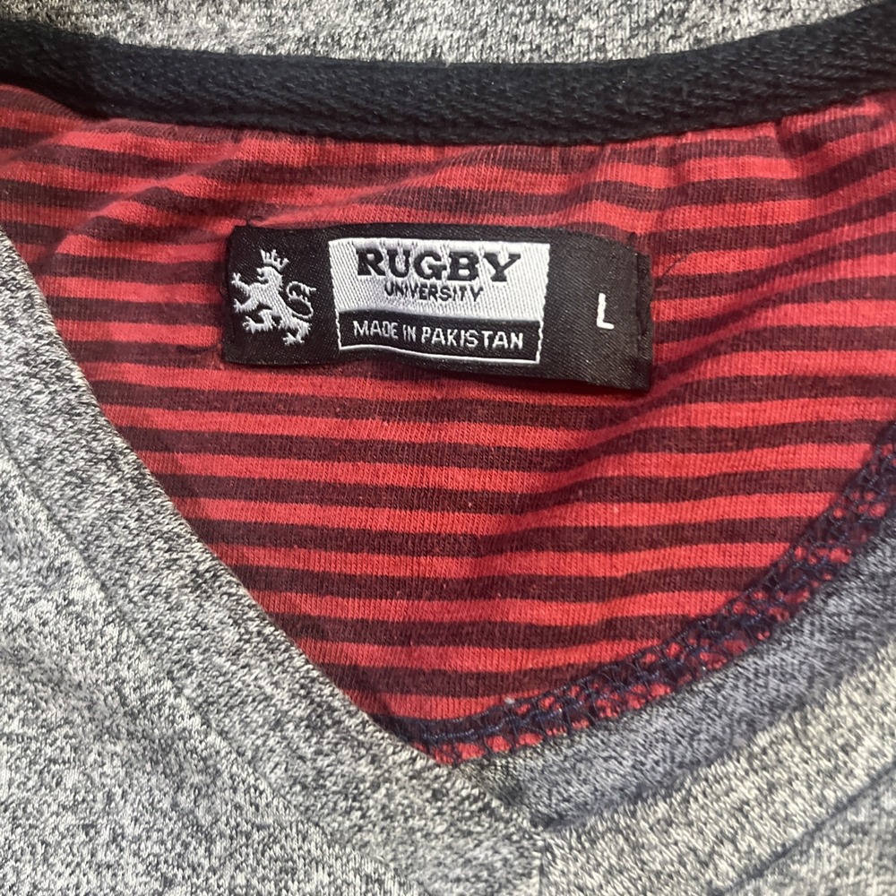 Rugby University Mens V-Neck‎ T-Shirt Heather Grey Embroidered Lion Logo Large
